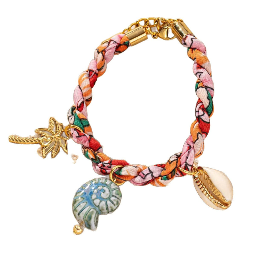 Colored Fabric Fan-shaped Seashell Electroplated 18k Gold Necklace And Bracelet