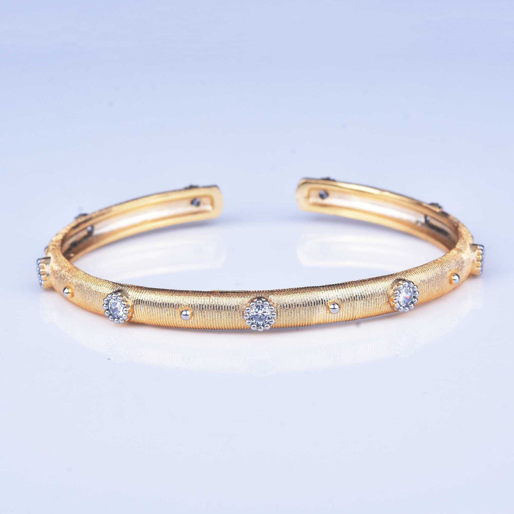 Vintage Brushed Texture Open Cuff Bangle For Women, Gold Tone Clear Tone Simulated Zirconia Star Dot Inlay Light Luxury Daily Commute Hand Jewelry