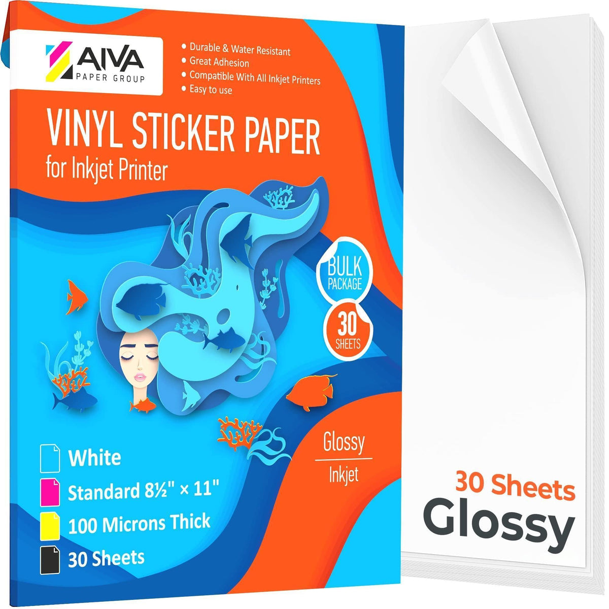 Printable Vinyl Sticker Paper   Waterproof Decal Paper for Inkjet Printer   30 Self Adhesive Sheets   Glossy White   Standard Letter Size 8.5 x11