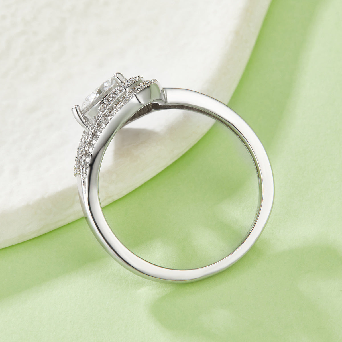 S925 Sterling Silver 1ct Moissanite Ring, D-VVS1 Round Cut Geometric V-Halo, Platinum Plated 3g US 5-9 GRA Gift Box