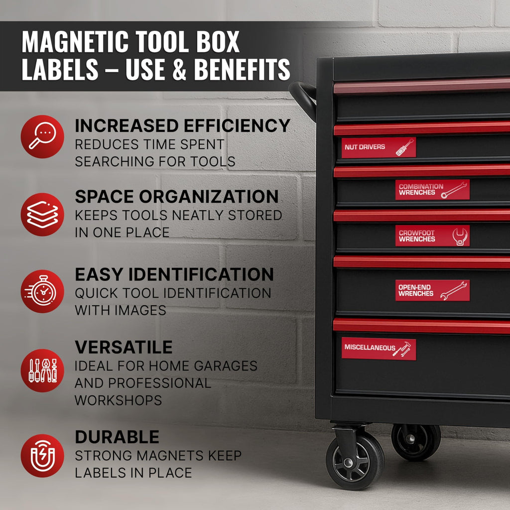 90 Pcs Magnetic Tool Box Labels 3.5x1 inch Red Magnetic Toolbox Labels for Tool Box Drawers Strong Magnet Toolbox Organizer Chest Pre Printed & Blanked Emblems for Organization Toolbox Emblems