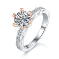 S925 Sterling Silver 1ct Moissanite Ring, 6.5mm Round Cut With Gold Heart Prongs, Pave Band, US Sizes 5-9, GRA Certificate Gift Box