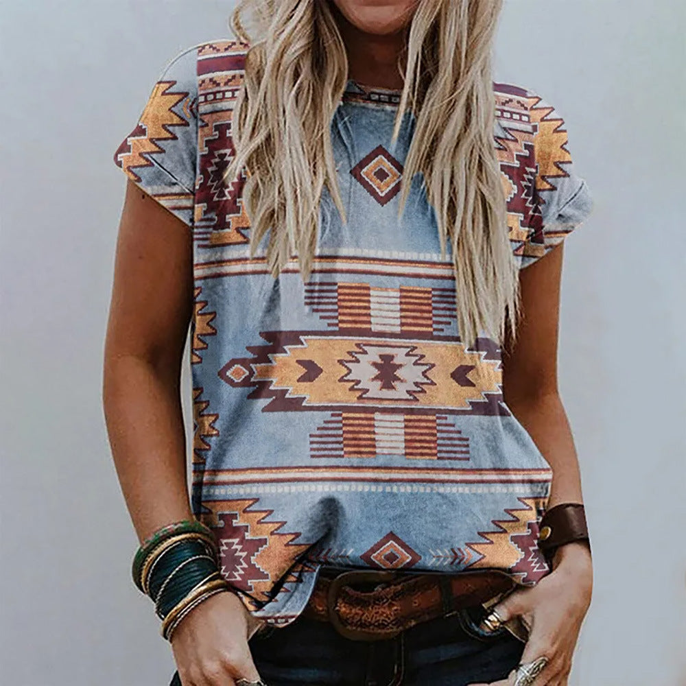 Women's Retro Floral-print Short-sleeve Top