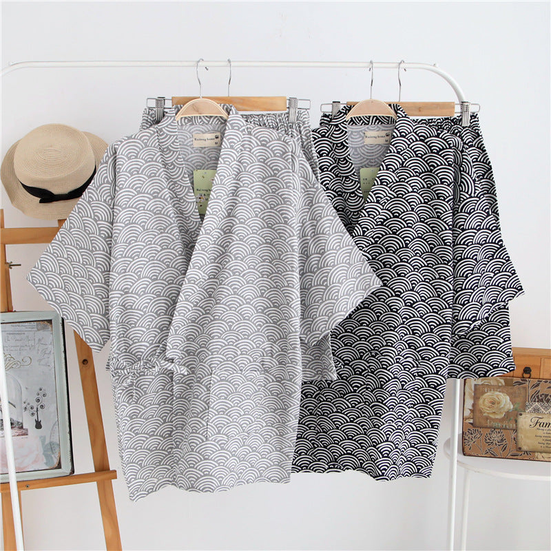 Mens Short-sleeve And Shorts Pajama Set Made Of Pure Cotton Gauze