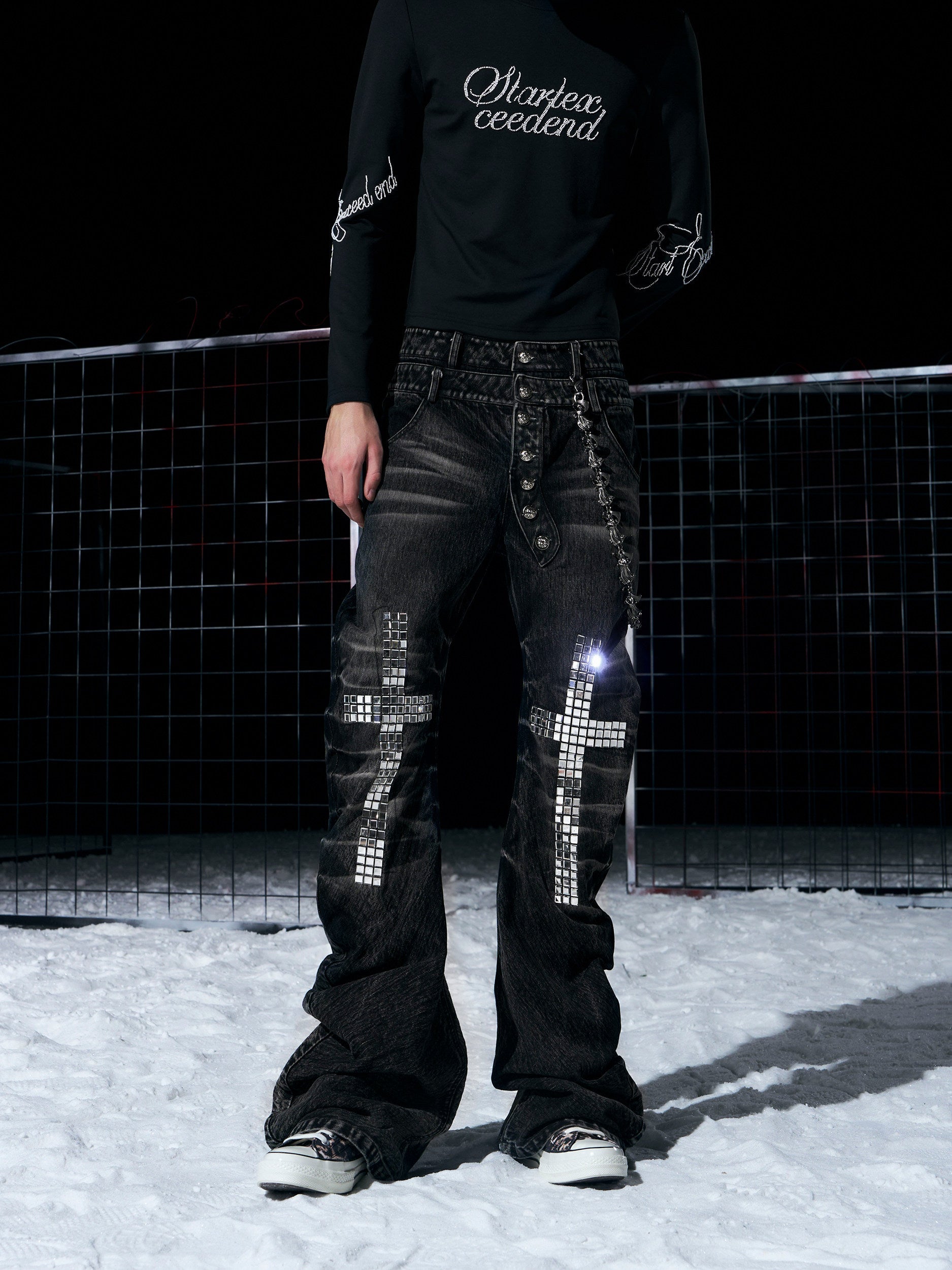 Mens Cross-Design Rhinestone-Embellished Double-Waist Button Denim Jeans