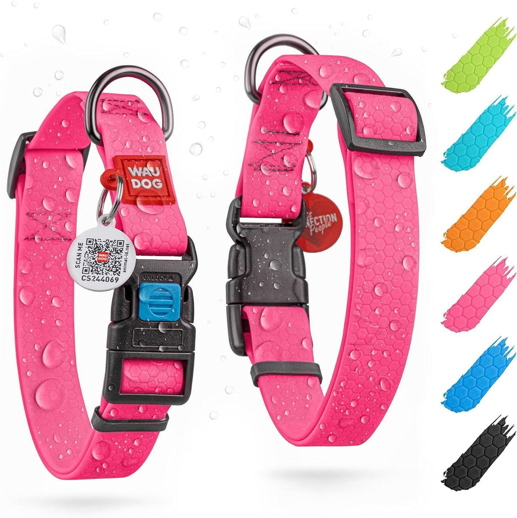 Waterproof Dog Collar Adjustable 17–28 in Neck x 1 3/5 in Wide Buckle & QR Tag Pink