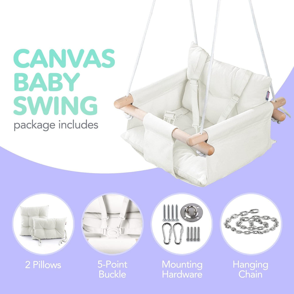 Canvas Baby Swing Wooden Hanging Swing Seat Chair with Safety Belt Durable Baby Swing Chair Outdoor and Indoor Swing for Kids Mounting Hardware Included Ivory