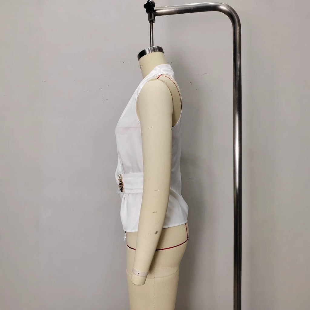 French-style Satin V-neck Slim-fit Sleeveless Blouse With Tie Detailing