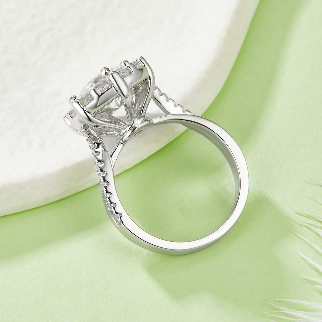 S925 Sterling Silver 2ct Moissanite Ring, 8mm D-VVS1 Sunflower Halo Setting, Platinum Plated 5.3g US Sizes 5-9 GRA Gift Box
