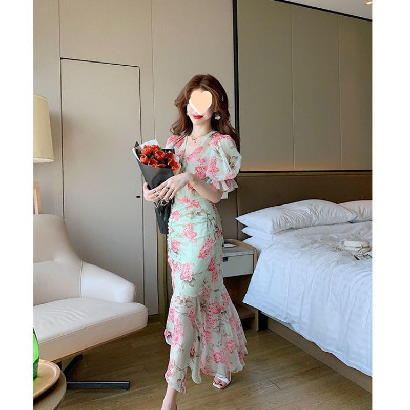 Stylish, Sophisticated, High-end Asymmetrical Chiffon Floral Dress
