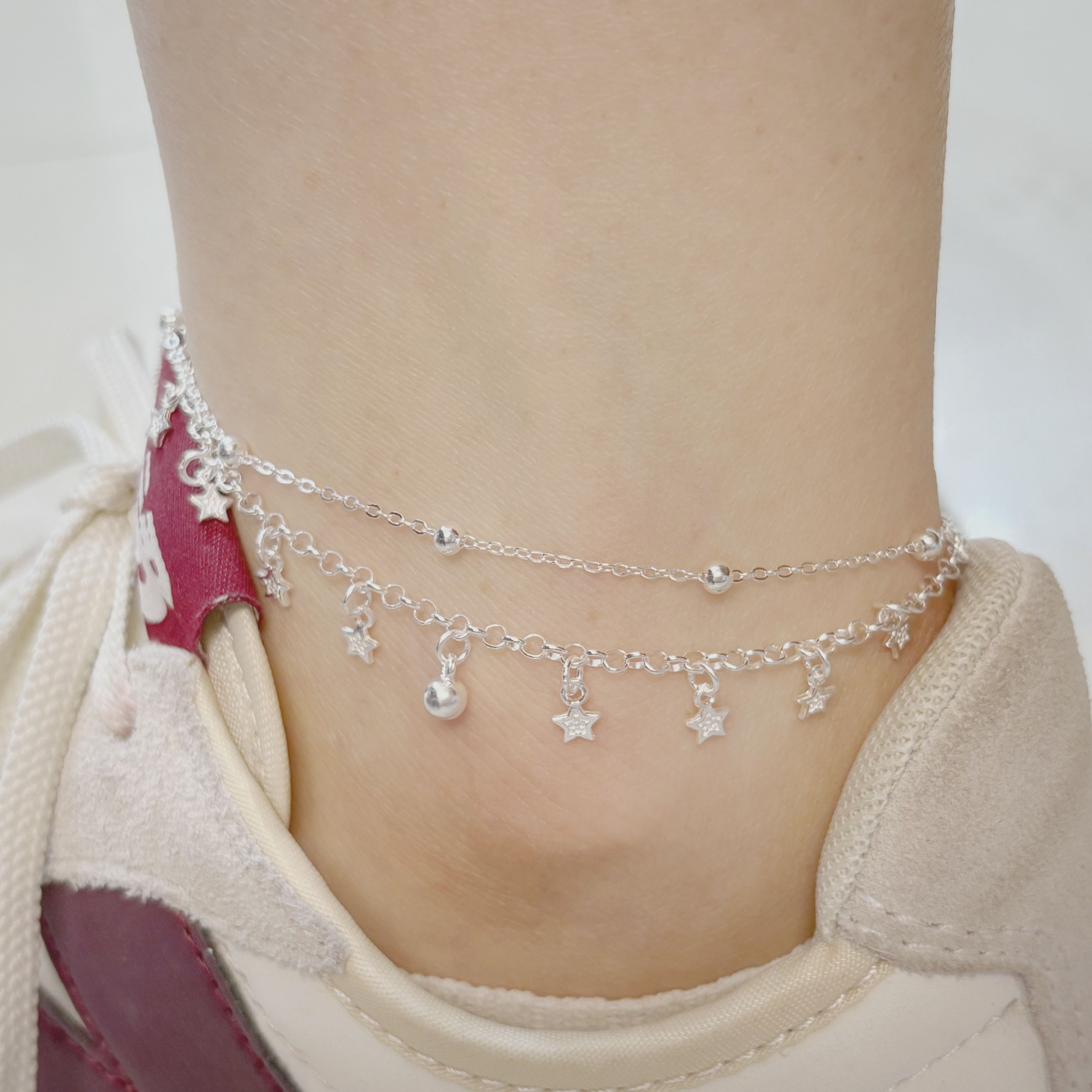 1pc 999 Sterling Silver Double-Layer Star & Bead Anklet, Delicate Luxurious Style, Perfect For Daily Wear & Valentine's Gifts