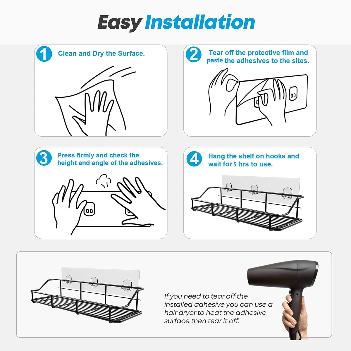 Adhesive Shower Caddy 2 Pack Black Shelf Organizer with Hooks Stainless Steel
