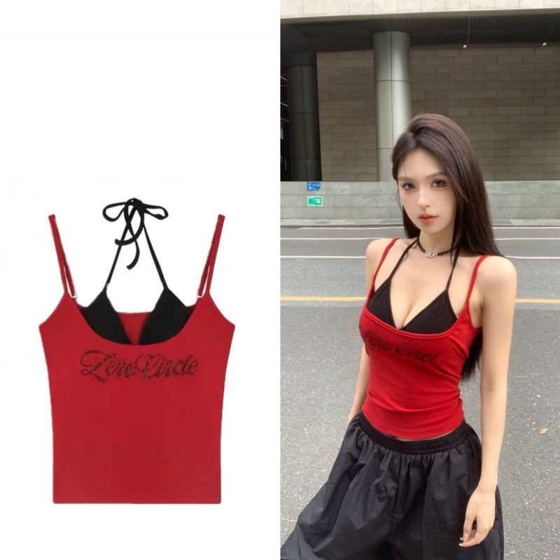 Spicy Chic Rhinestone-Embellished Camisole Tank Top Pure & Alluring Slim-Fit Short Top