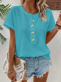 Buttoned Crew-neck Batwing-sleeve Loose-fit T-shirt Top
