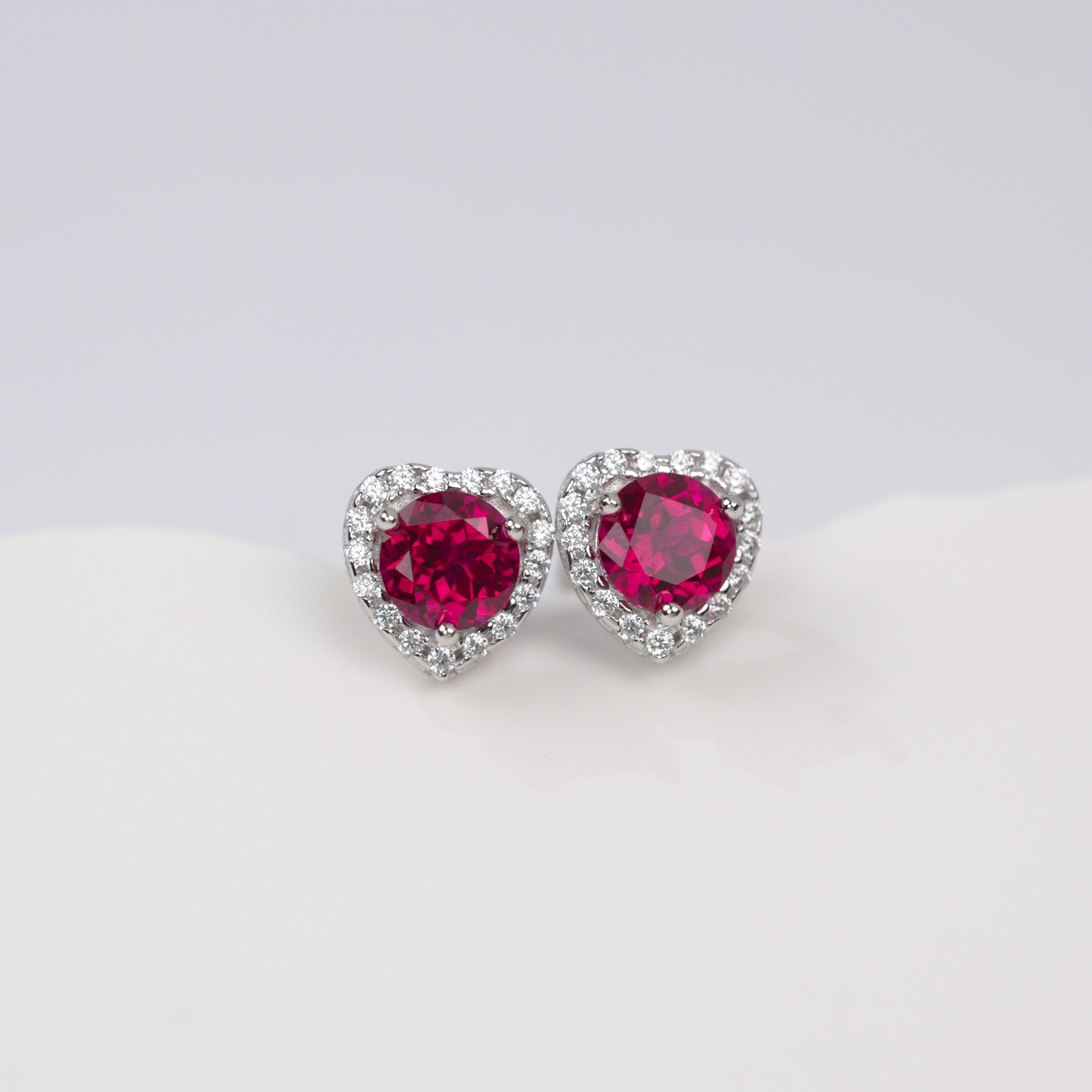 S925 Sterling Silver Heart Halo Stud Earrings, 5mm Lab-Grown Ruby Sapphire, Platinum Plated 1.5g, Women's Jewelry Gift Box