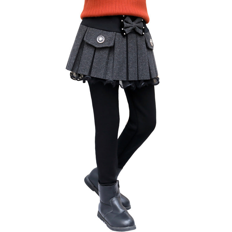 Thickened Fleece-Lined Base Leggings With Beaded Bow In Two Colors