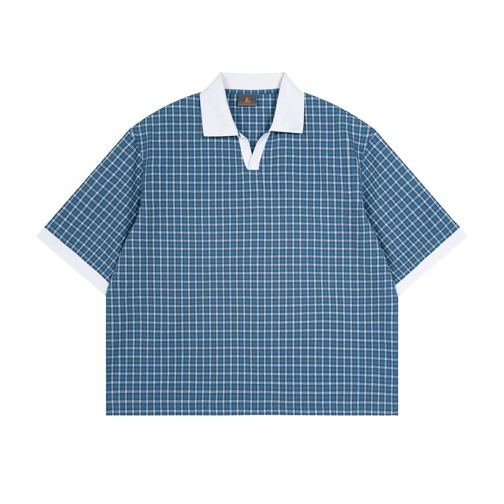 Mens Summer Thin Color-Block Plaid Lapel Short-Sleeve Shirt