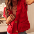 Solid-Color Textured Knitted Waistcoat With Side Pockets And Buttons