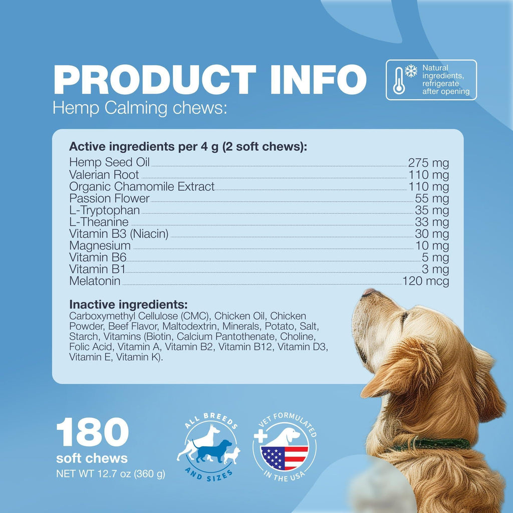 Hemp Calming Chews for Dogs Anxiety Relief L-Theanine & Chamomile