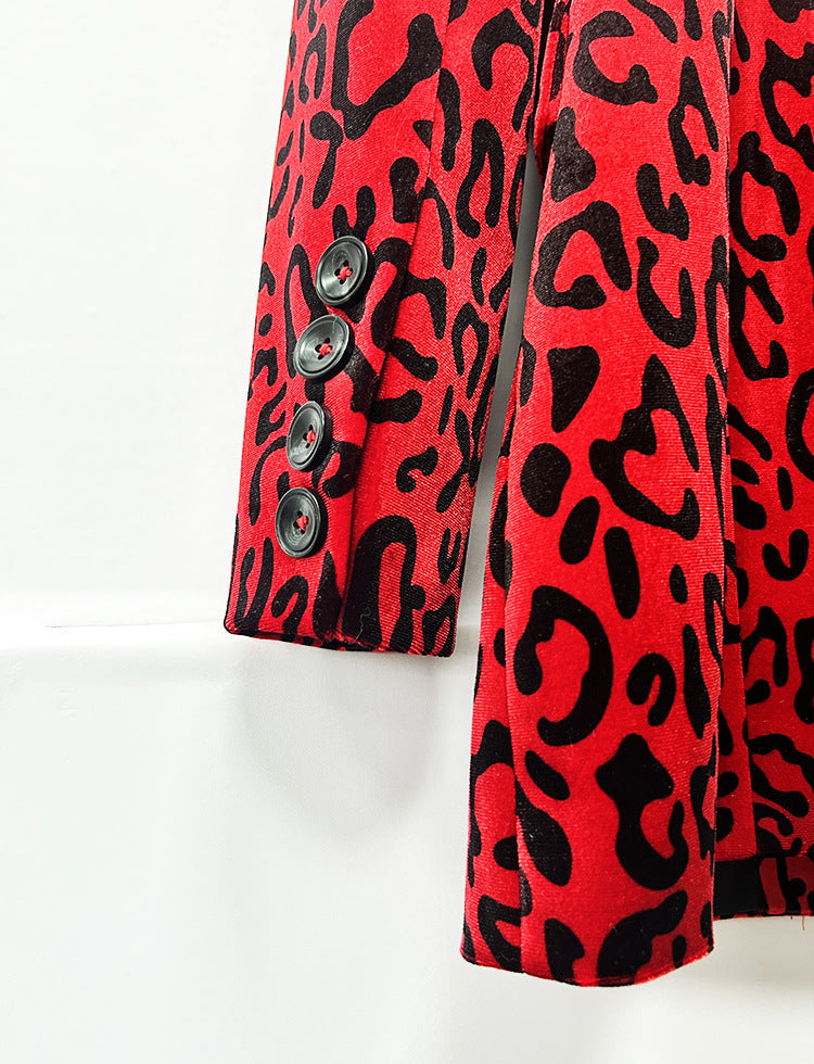 Leopard Print Double Breasted Blazer & Midi Pencil Skirt 2-Piece Suit Set