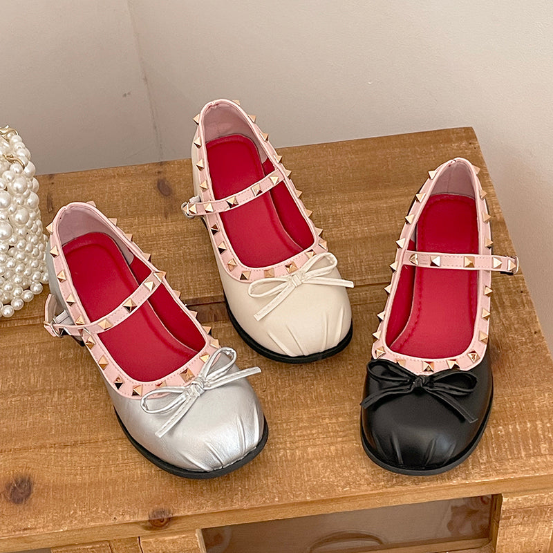 French Ballet Single Shoes Women's Summer 2026 New Style Shallow Bow Fold Rivet Mary Jane Women's Shoes
