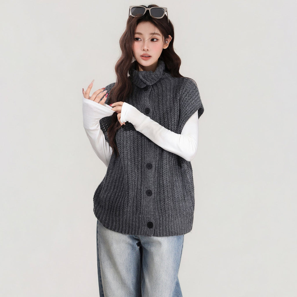 Grey Lapel Knitted Vest Sweater Warm Coat Women's Autumn And Winter Innerwear Top