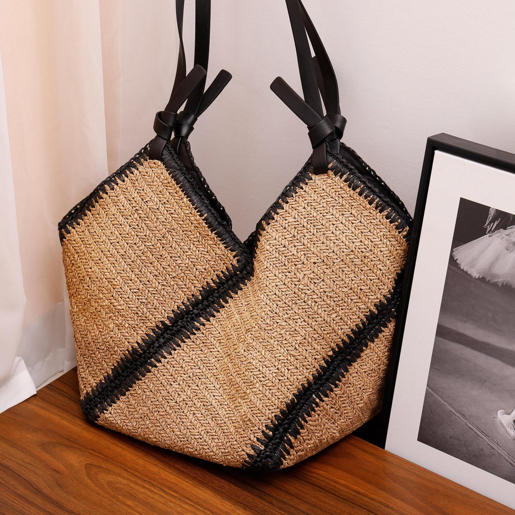 Striped Straw Versatile Handmade Woven Bag Large-capacity Shoulder Tote