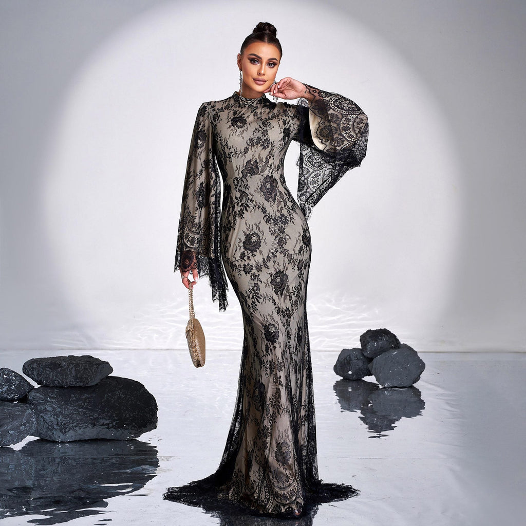 Long Sleeve Round Neck Sexy Lace Banquet Dress