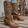 Embroidered Square Head Knight Boots Women