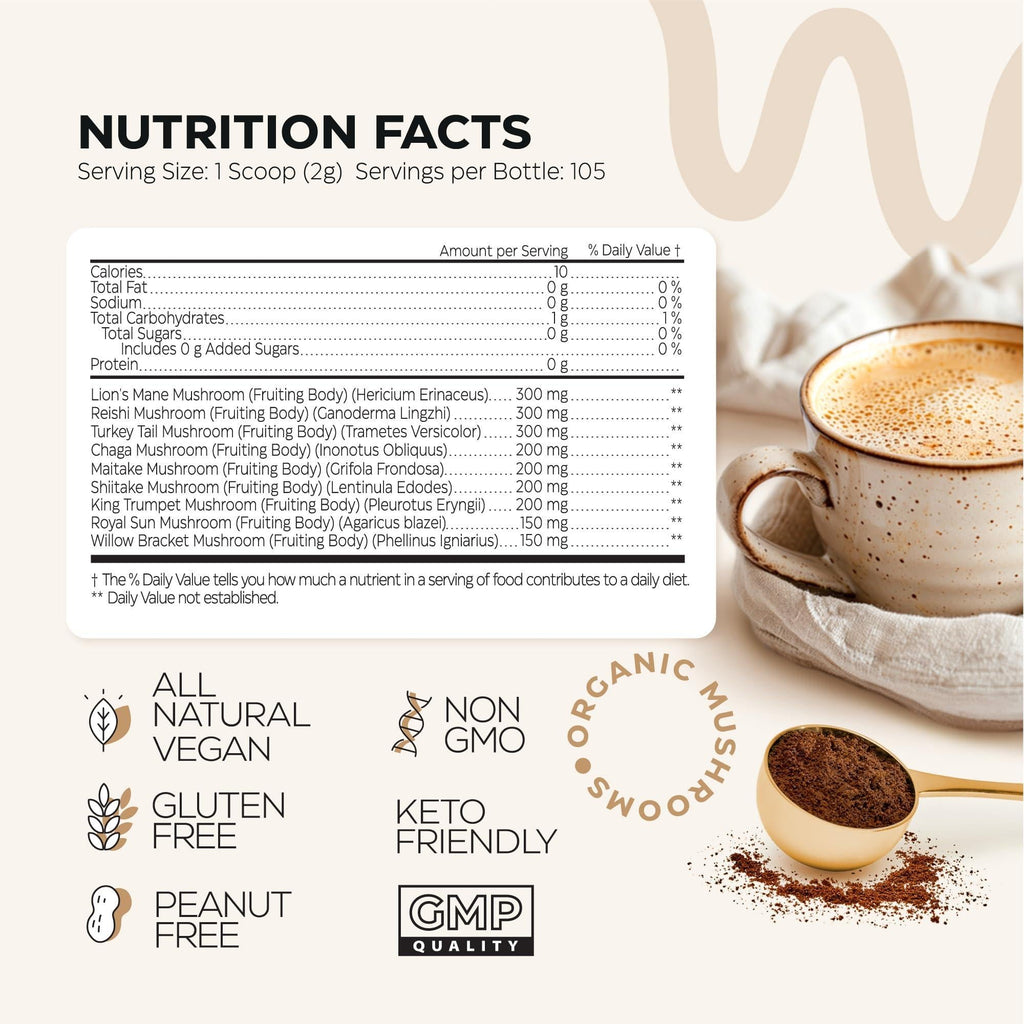 Mushroom Coffee 9 Mushroom Adaptogen Mix Lions Mane Chaga Turkey Tail Reishi