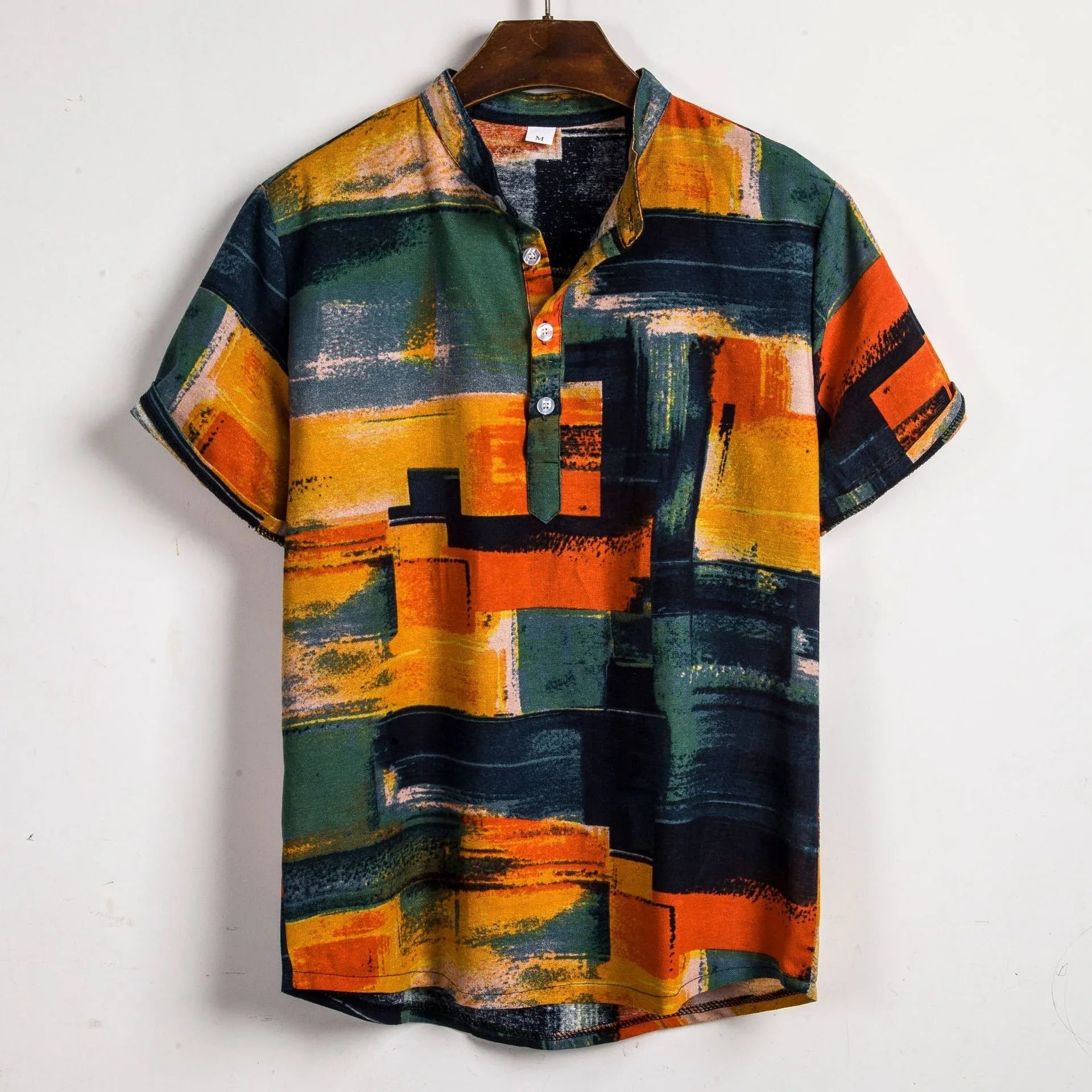 Men's Floral Cotton Linen Leisure Pullover Short-sleeved Shirt
