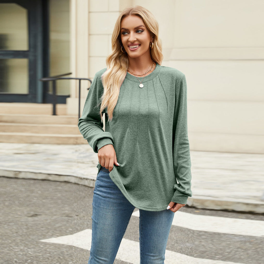 Solid-color Crew-neck Loose-fitting Long-sleeve T-shirt For Women