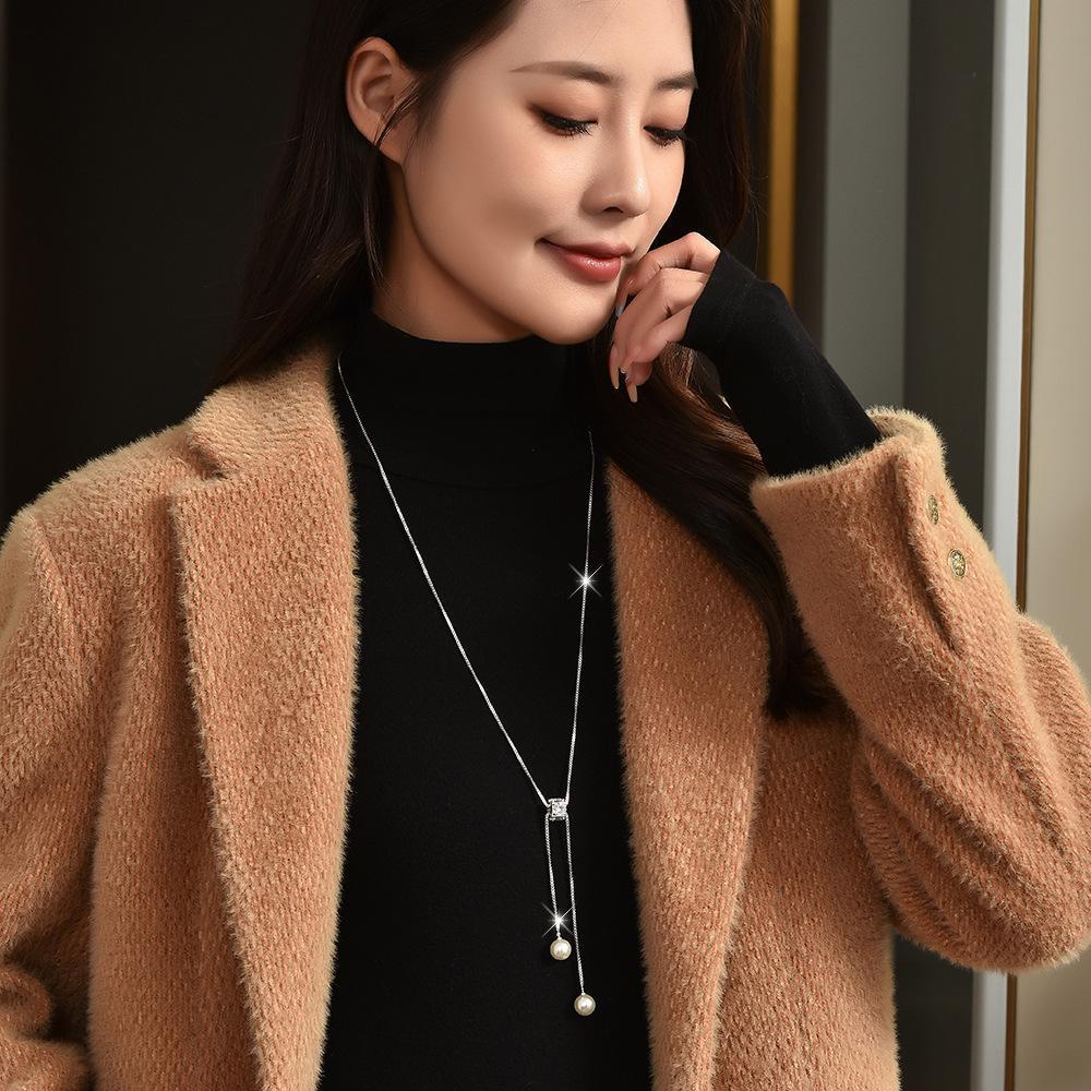 Dainty Pull Adjustable Sweater Chain For Women, Square Zircon Double Pearl Tassel Long Necklace, Elegant Minimal Autumn Winter Fashion Jewelry