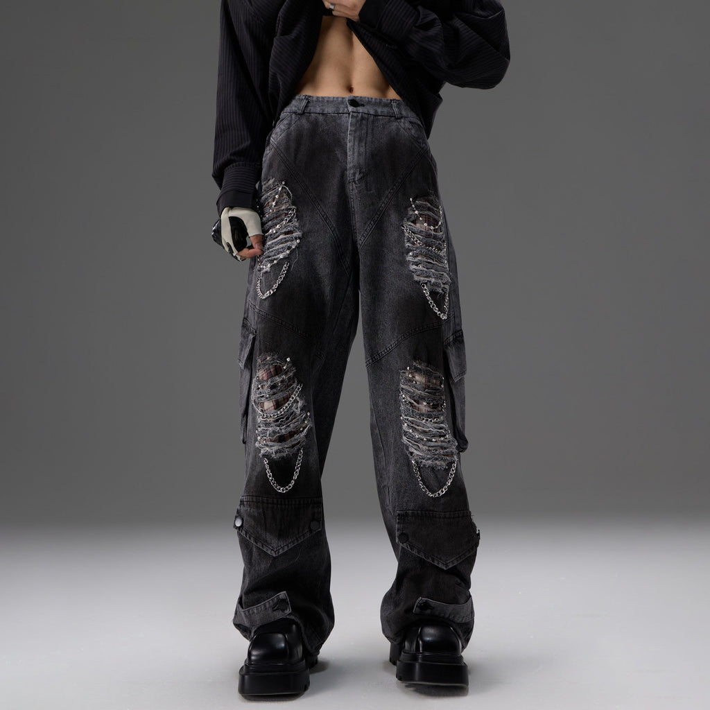 Retro Distressed Denim Jeans With Pearl And Metal Hardware Work Pants