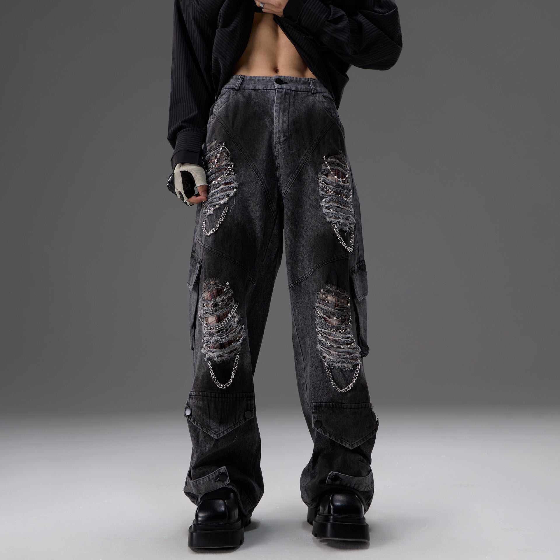 Retro Distressed Denim Jeans With Pearl And Metal Hardware Work Pants