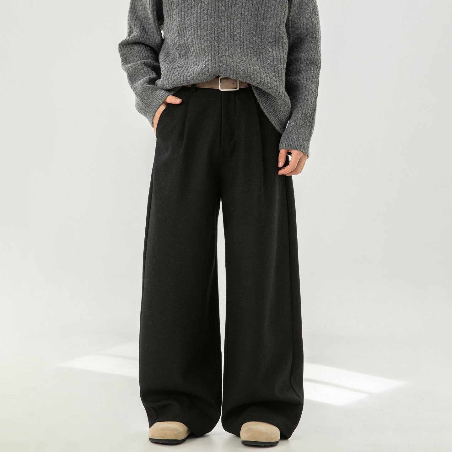 Wool Straight-leg Loose Pleated Casual Pants Thickened Long Trousers For Men