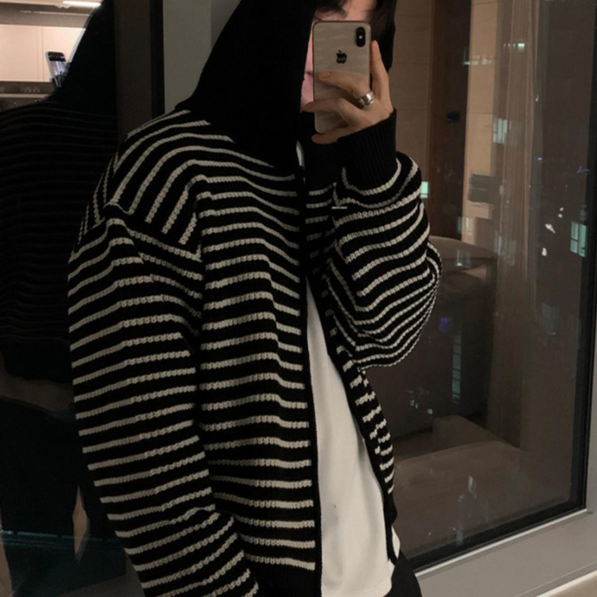 AutumnWinter Hooded Striped Sweater Cardigan Coat
