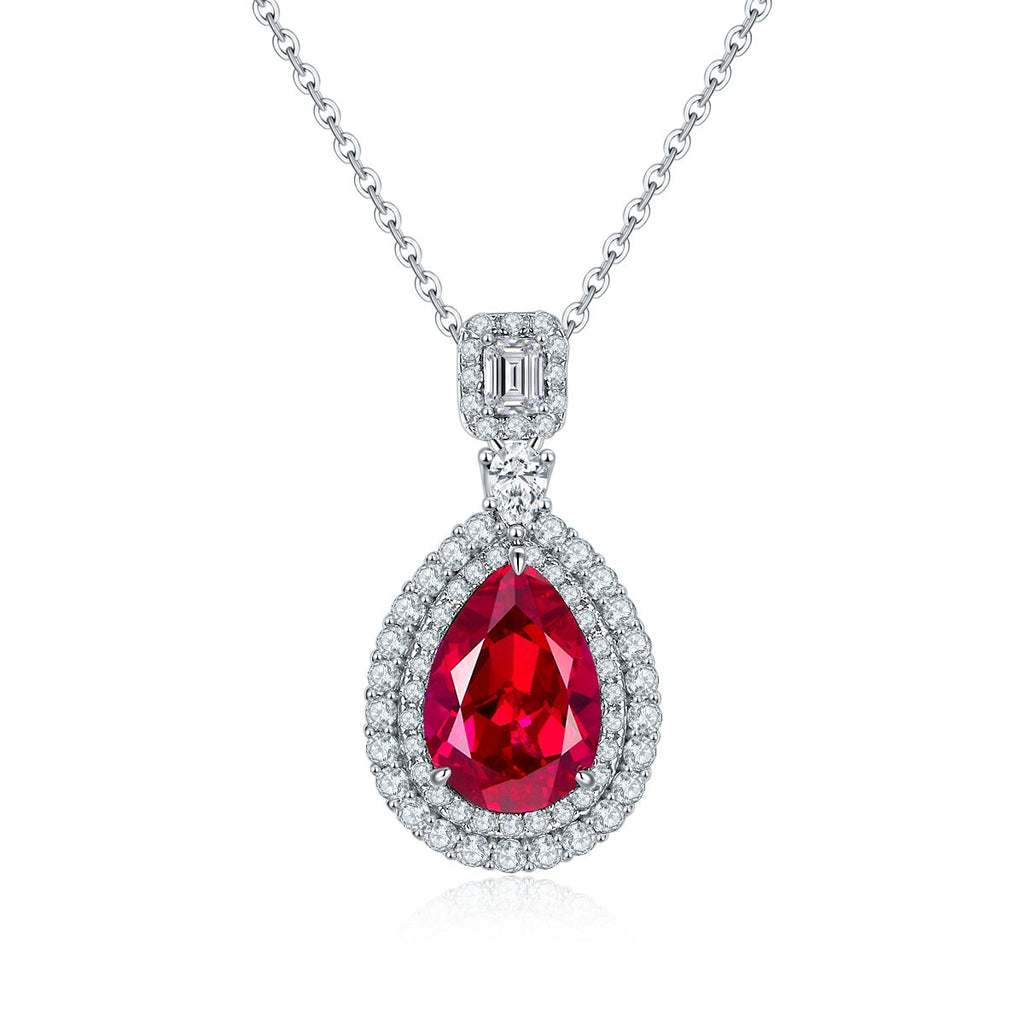 S925 Sterling Silver Lab-Grown Ruby Emerald Necklace, 13x9mm Pear Double Halo Pendant, Platinum Plated 40&45cm Chain, 5.8g Women's Gift Box