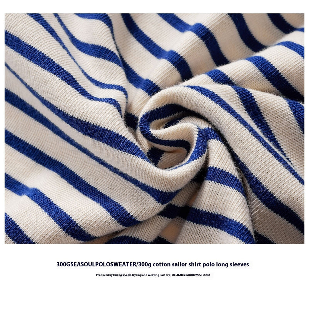 Men's Cotton Striped Long-sleeved Lapel T-shirt