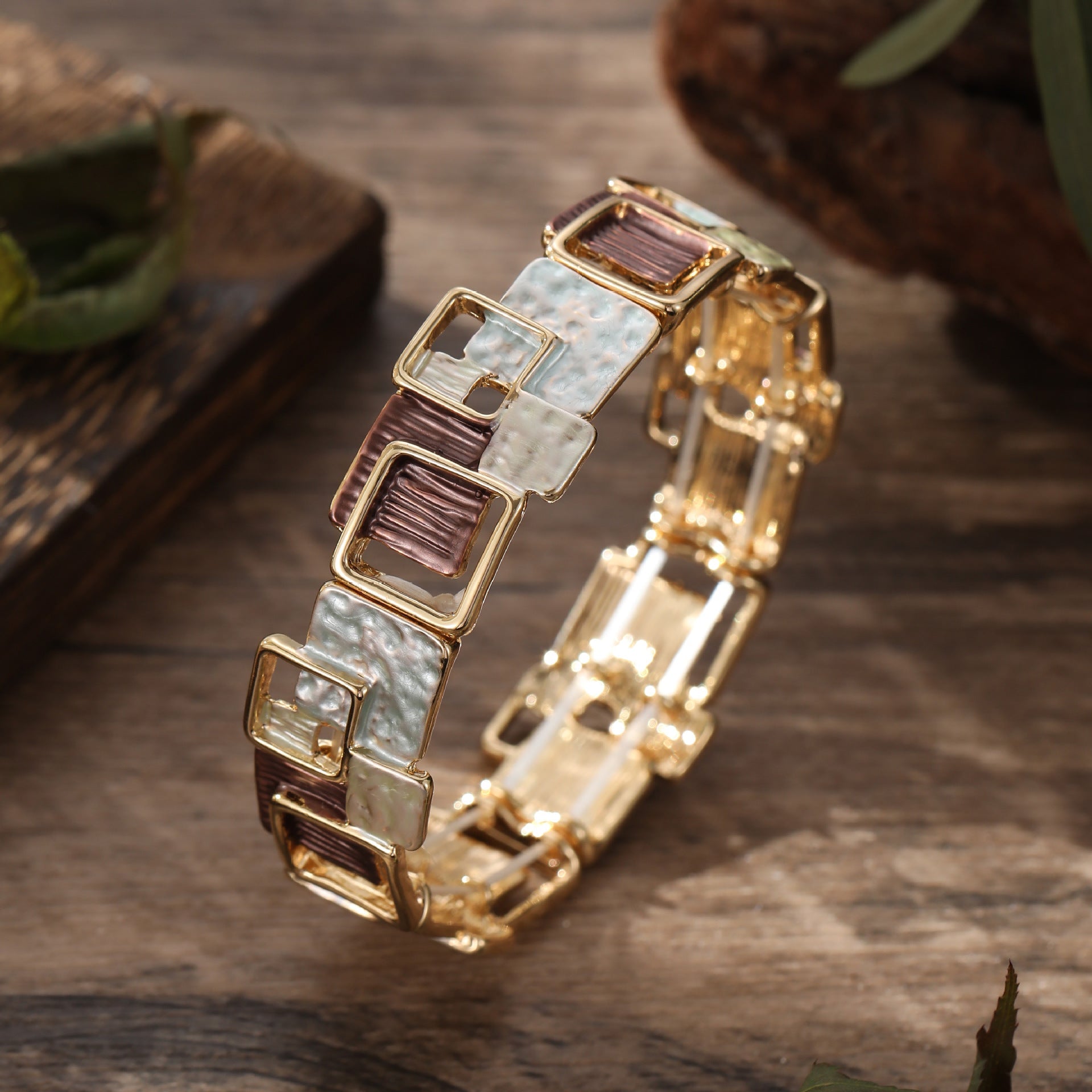 Color Painting Oil Geometric Square Ear Studs Bracelet And Necklace Set