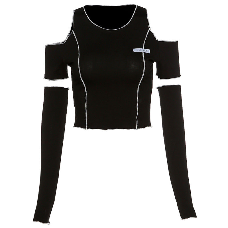 European And American Style Cross-Border Women's Clothing Autumn And Winter New Fashion Label Slim Round Neck Strapless Short T-Shirt Women