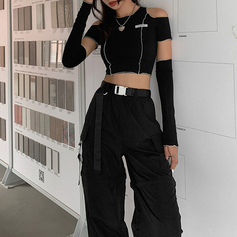 European And American Style Cross-Border Women's Clothing Autumn And Winter New Fashion Label Slim Round Neck Strapless Short T-Shirt Women