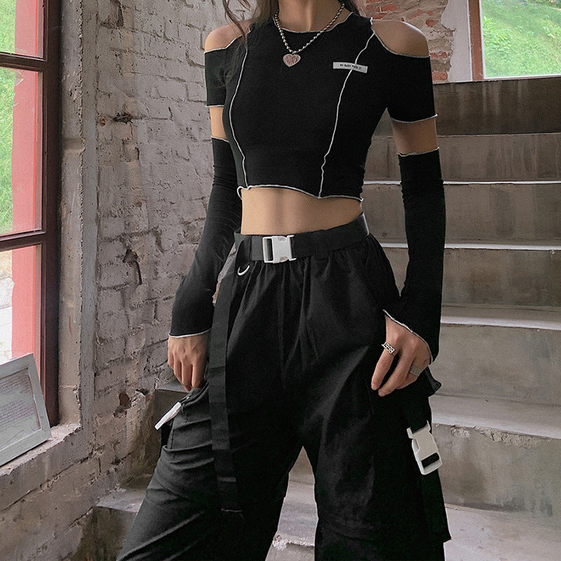 European And American Style Cross-Border Women's Clothing Autumn And Winter New Fashion Label Slim Round Neck Strapless Short T-Shirt Women