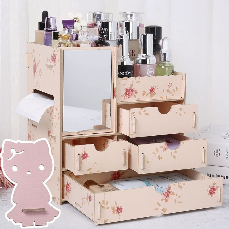 Wooden Cosmetic Storage Box Jewelry Drawer Organizer