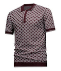 Men's Short Sleeve Knit Polo Shirt, Burgundy Diamond Geometric Jacquard, Smart Casual Retro Style, Breathable Knitted Top