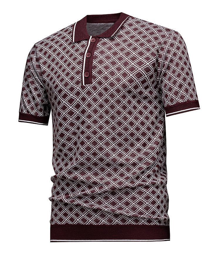 Men's Short Sleeve Knit Polo Shirt, Burgundy Diamond Geometric Jacquard, Smart Casual Retro Style, Breathable Knitted Top