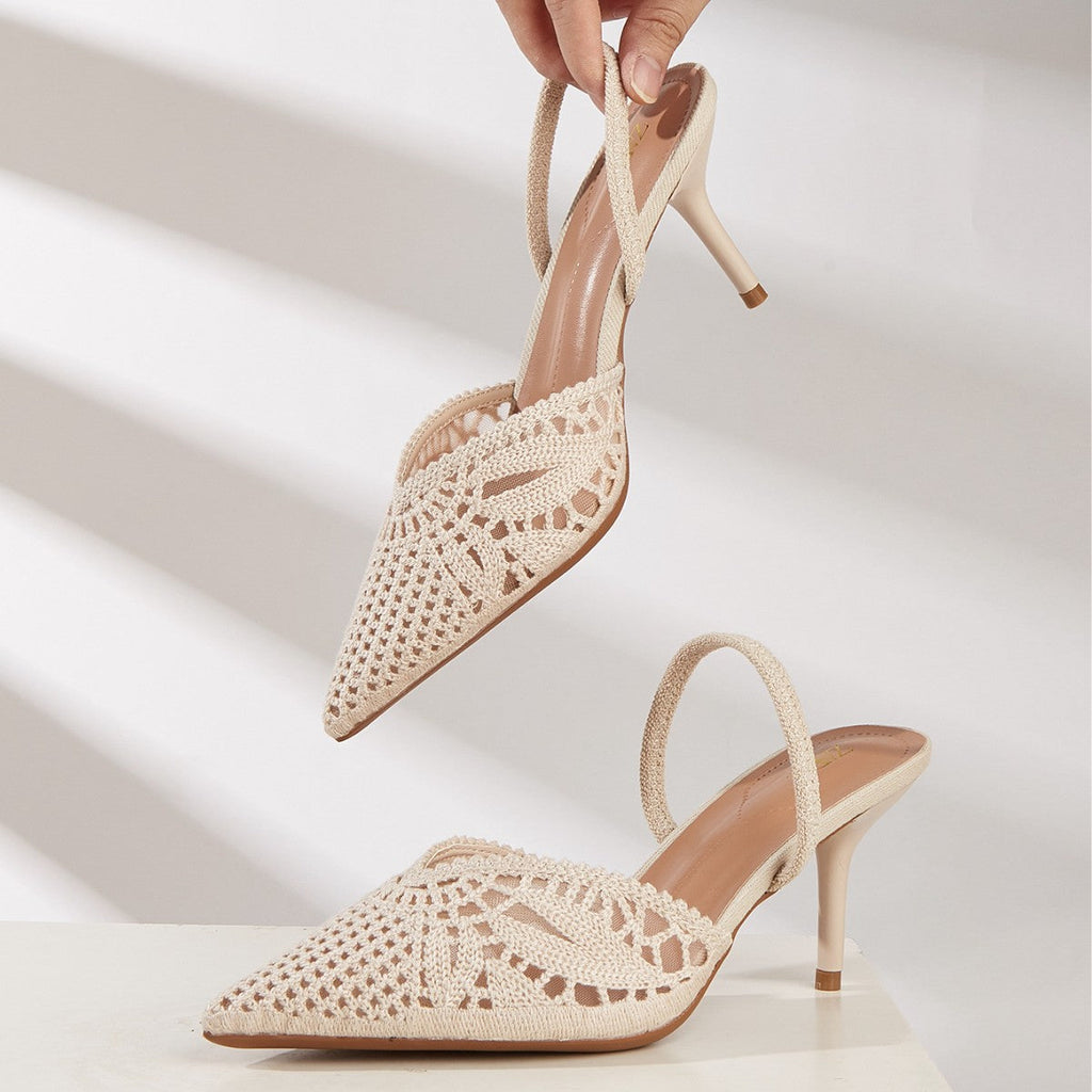 Women's French Style Knitted Cutout Pointed Toe Slingback Heeled Sandals - Elegant Casual Summer High Heel Shoes for Ladies