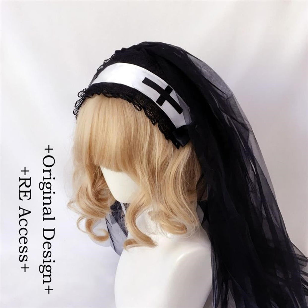 Nun Headdress Retro Hair Band Church Cross Embroidery Light Diamond Shawl Veil