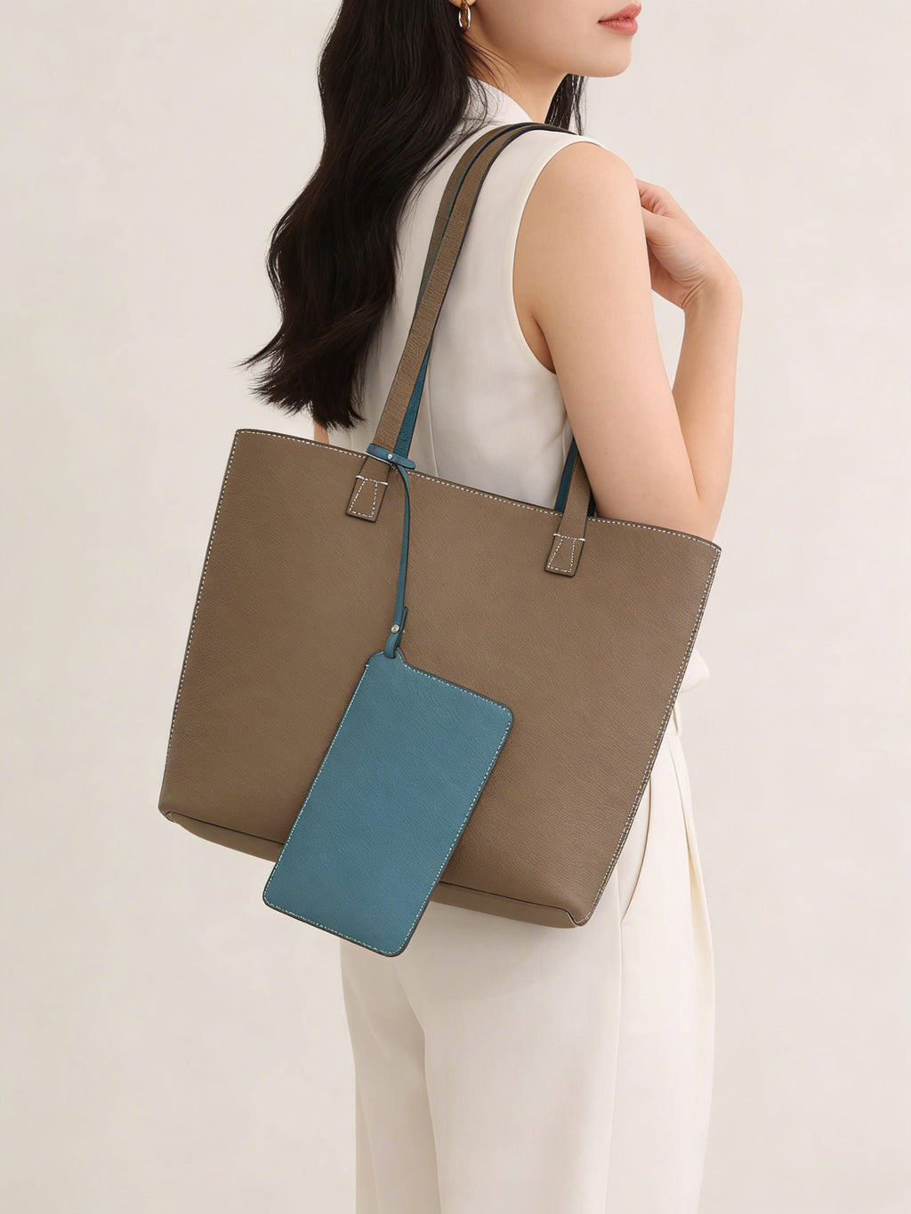 2026 New Korean Style Double-Sided Shoulder Bag TC Top Layer Cowhide Bucket Bag Large Capacity Open-Top Underarm Bag