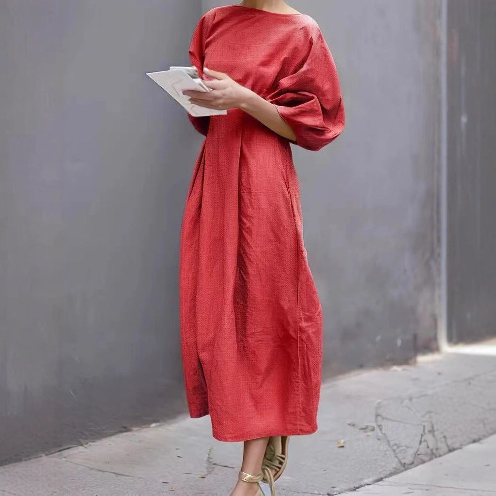 Casual Long Dress With A Round Neck And Bubble Sleeves